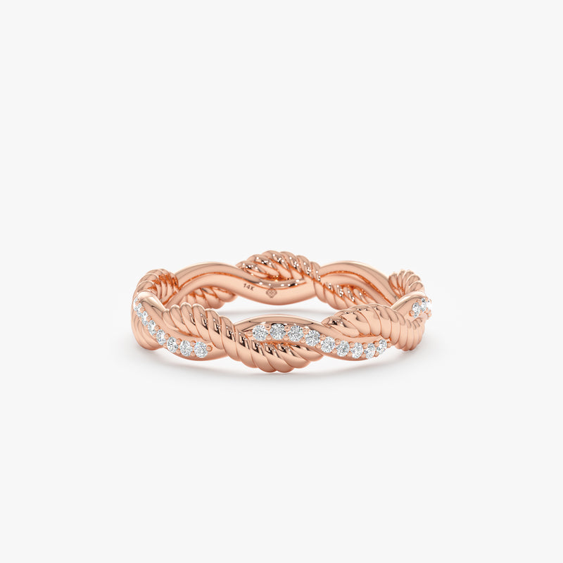 14k rose gold rope design ring with diamonds