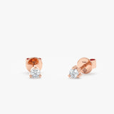 handmade solid 14k rose gold single diamond 3-prong stud earrings