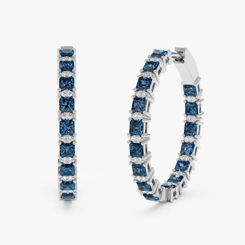 solid white gold hoop earrings with blue topaz and diamonds