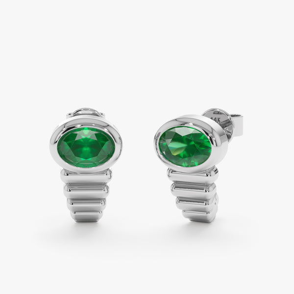 white diamond ribbed earrings with genuine emerald stone