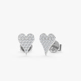 handmade pair of solid 14k white gold stud earrings with paved diamonds in long heart shape