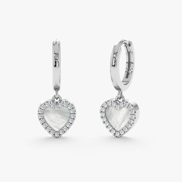 dangling pearl hearts on white gold huggies