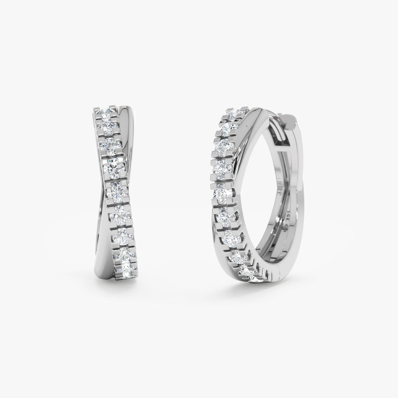 diamond lined x - shape huggie earring in solid 14k white gold