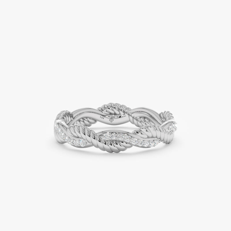 white gold textured braid ring with diamonds