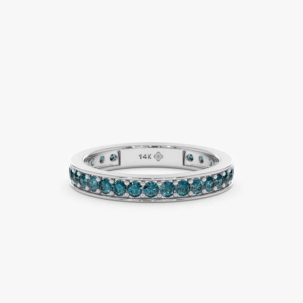14k white gold eternity band with round teal blue sapphires 