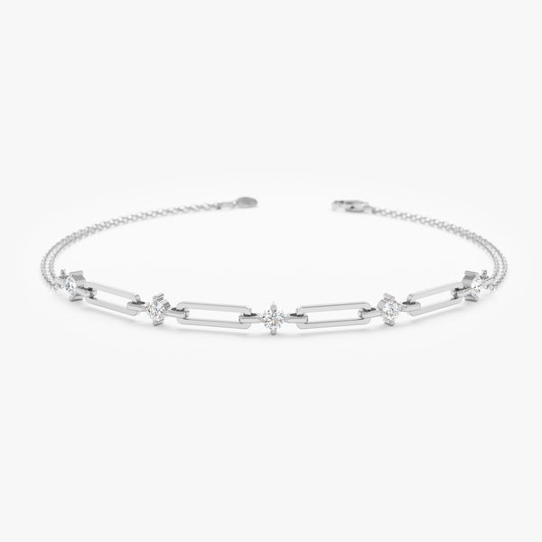 natural white diamond paperclip and cable chain bracelet