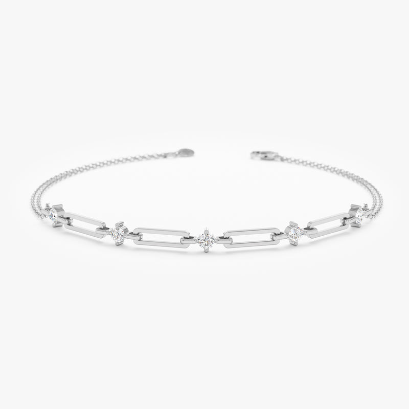 natural white diamond paperclip and cable chain bracelet