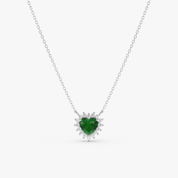 solid white gold necklace with heart shape emerald pendant and white diamonds 