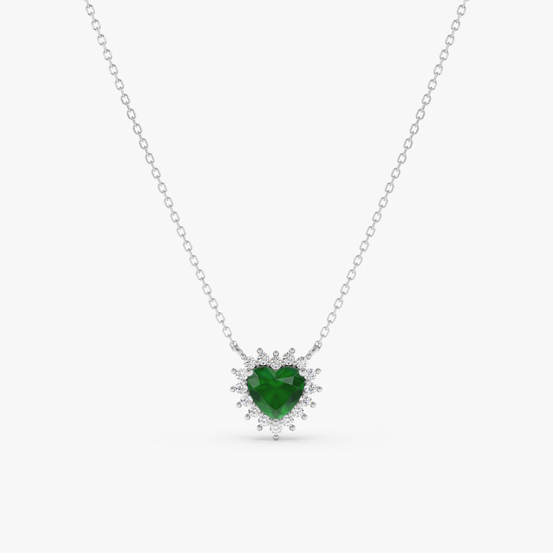 solid white gold necklace with heart shape emerald pendant and white diamonds 