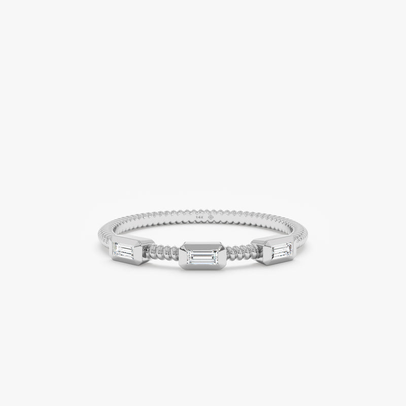 solid white gold diamond station ring with twist texture band 