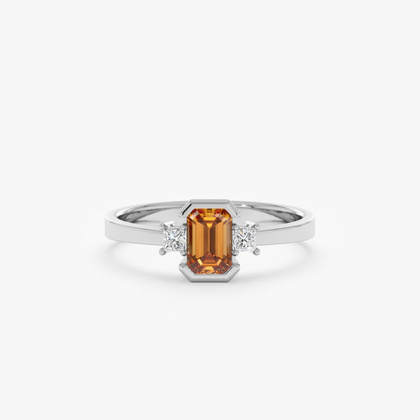 14k white gold ;citrine engagement ring with two natural diamonds 