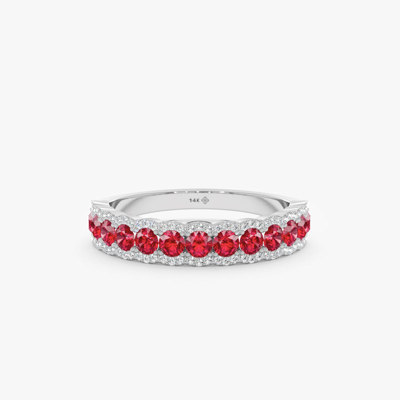 solid white gold half eternity ring lined with rubies and diamonds 