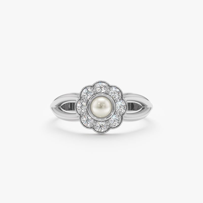 solid white gold pearl and diamond daisy ring