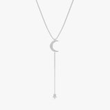 handcrafted cable chain necklace in white gold with paved diamond moon and hanging star