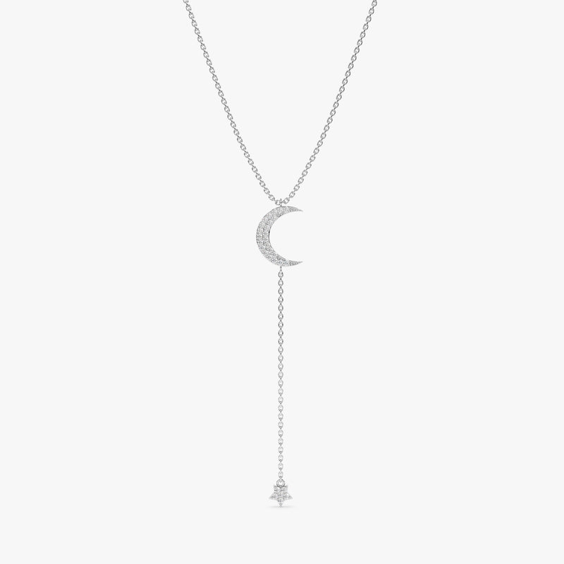 handcrafted cable chain necklace in white gold with paved diamond moon and hanging star