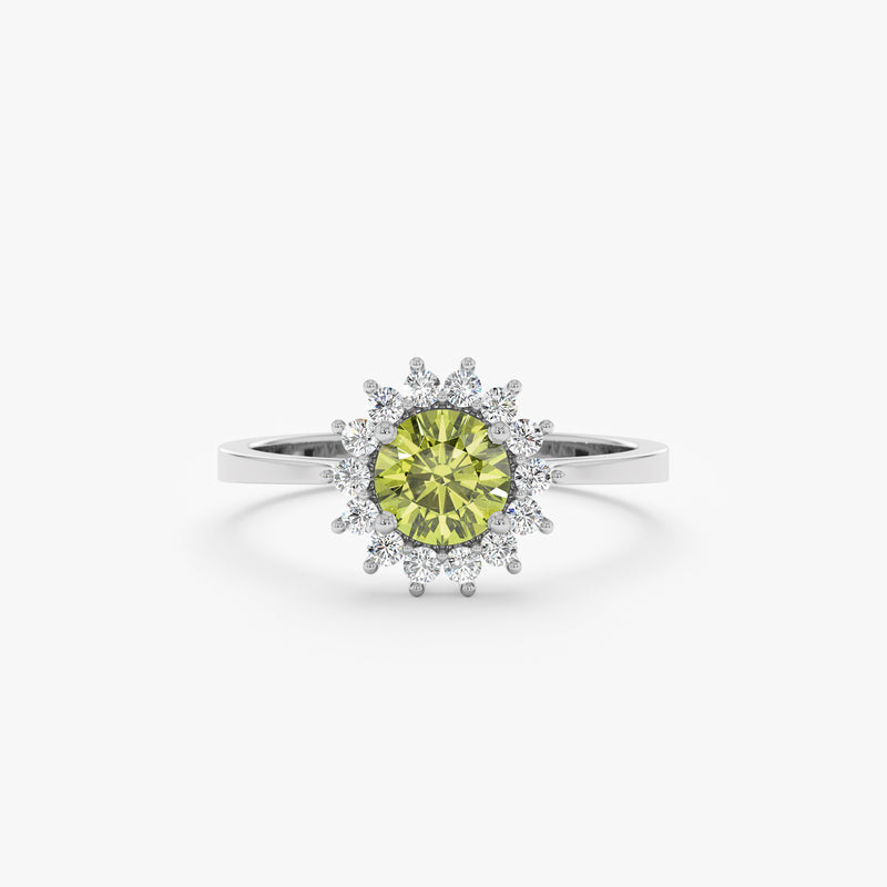 14k solid gold ring with round peridot and diamond halo 