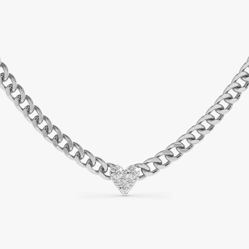 handcrafted solid 14k white gold cuban chain necklace with dainty heart diamond pendant 