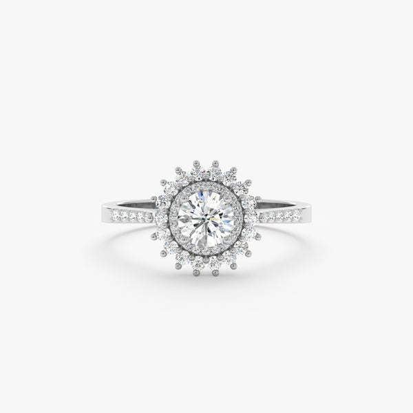 white gold and white diamond starburst engagement ring