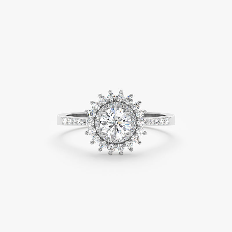 white gold and white diamond starburst engagement ring