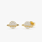 handcrafted pair of Solid 14k gold saturn stud earrings with paved diamonds