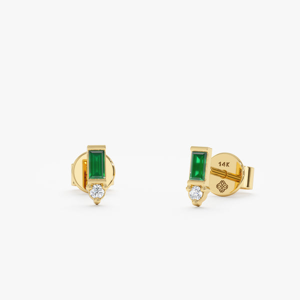 handmade solid 14k gold emerald baguette cut diamond stud earrings