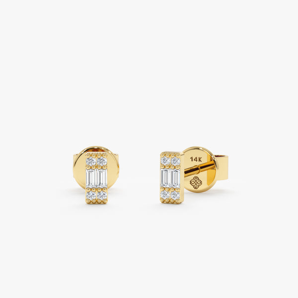 handmade pair of solid 14k gold baguette cut mini diamond stud earrings