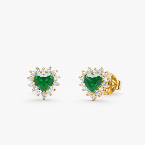 Emerald Heart Stud Earrings in Yellow Gold