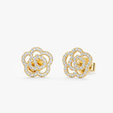 handmade pair of rose stud earrings with paved diamonds