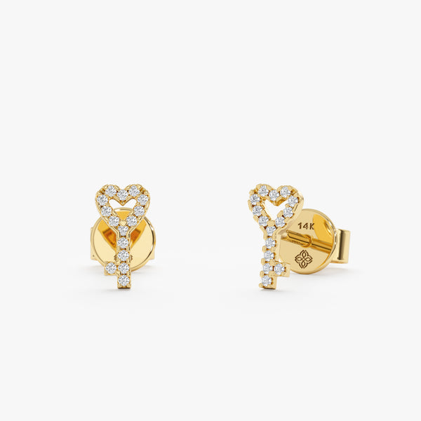 yellow gold diamond heart key studs