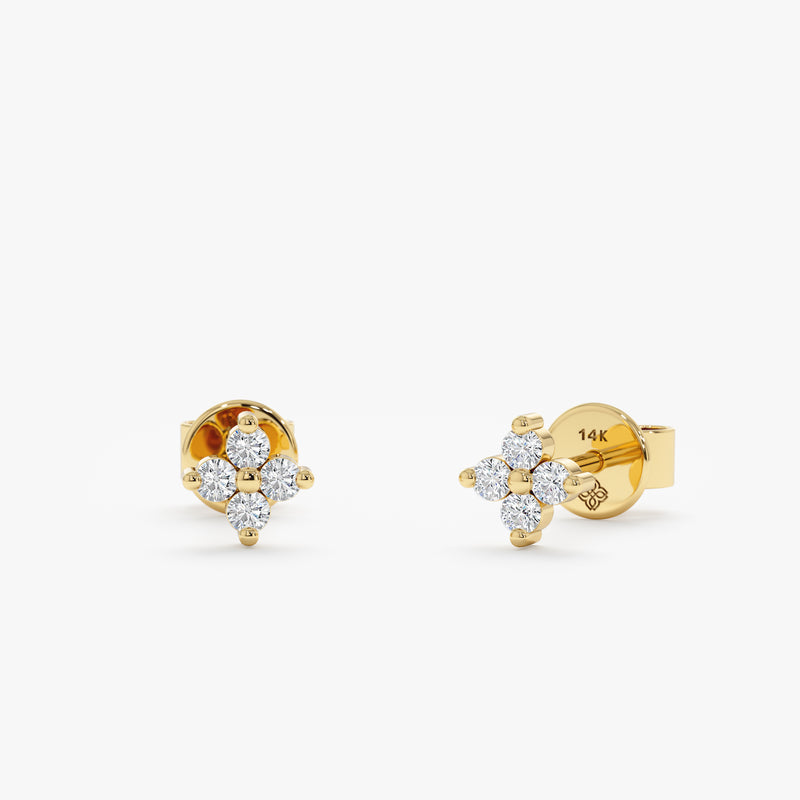 handmade solid 14k yellow gold four diamond clover earring studs