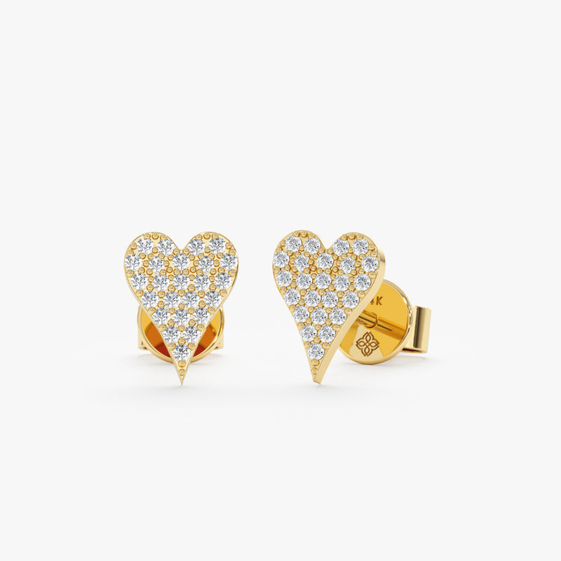 handmade elongated heart shape stud earrings with paved diamonds