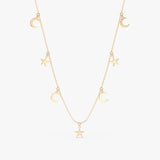 handmade solid gold moon and star hanging charms necklace
