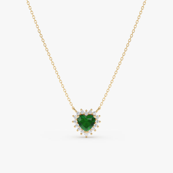 natural emerald heart necklace with diamond halo in solid gold 