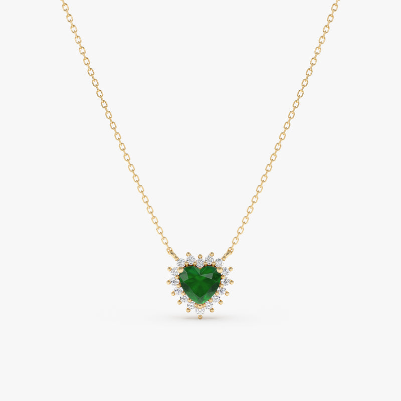 natural emerald heart necklace with diamond halo in solid gold 