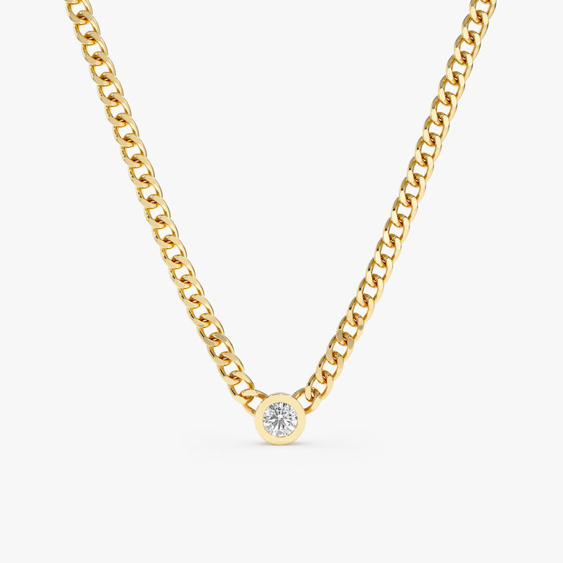 handmade solid yellow gold necklace with single white diamond bezel