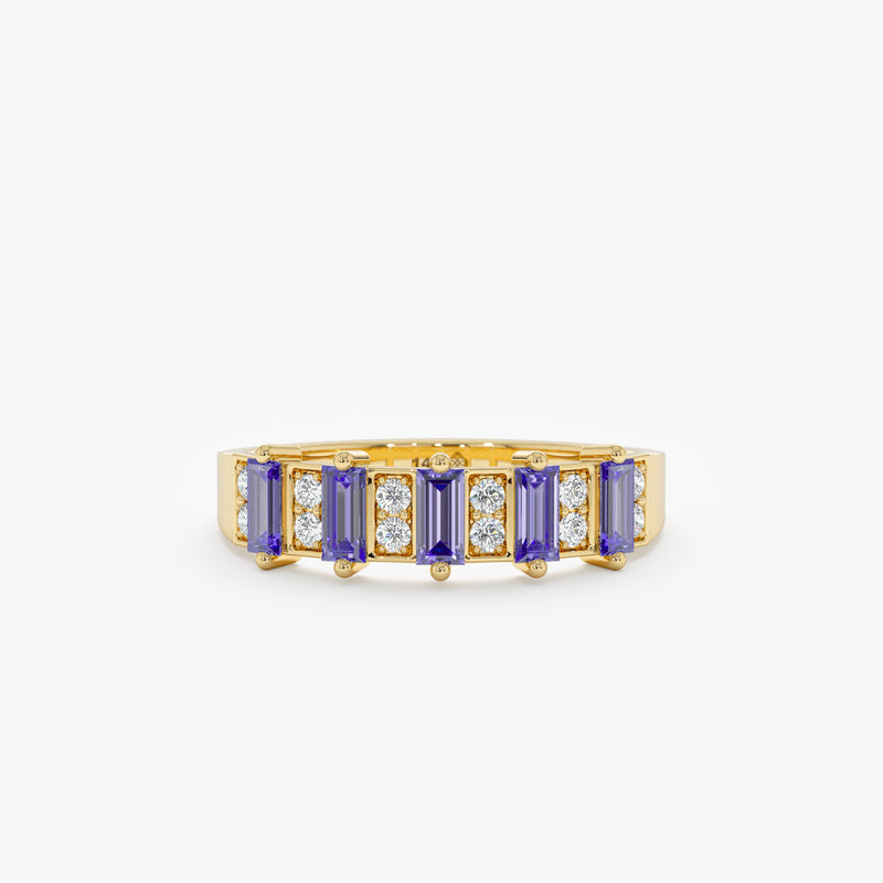 baguette cut purple tanzanite half eternity diamond ring