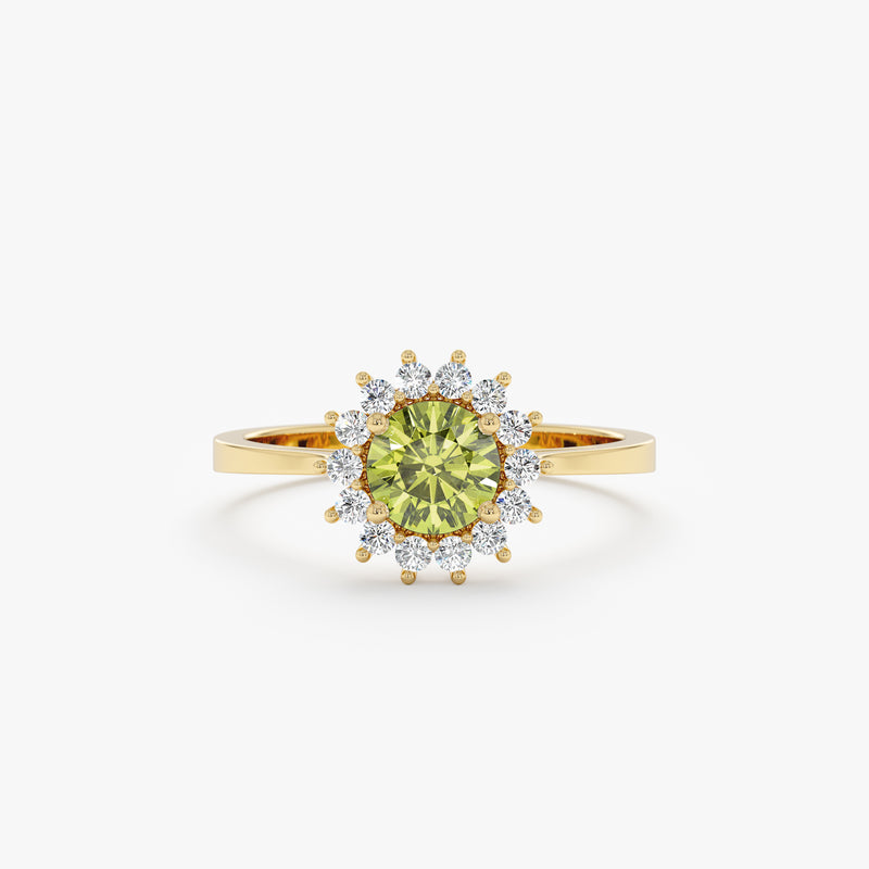 round peridot engagement ring with diamond halo in solid gold 