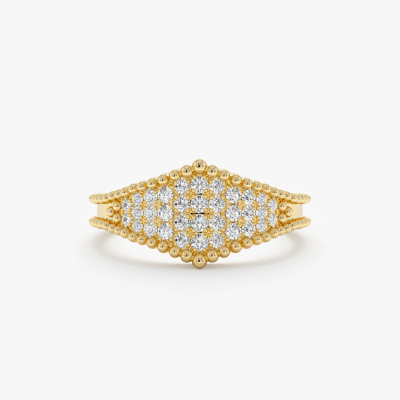 diamond paved shield ring in solid gold 