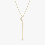 handmade solid gold lariat necklace with moon and dropping star