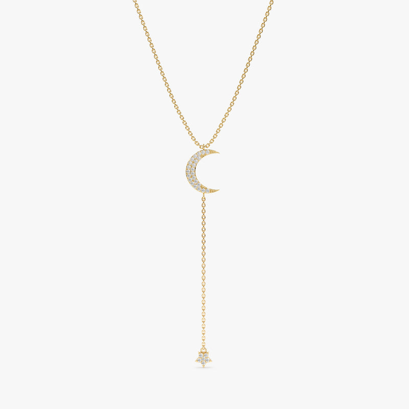 handmade solid gold lariat necklace with moon and dropping star