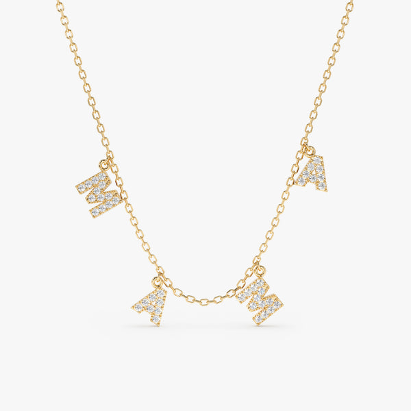 yellow gold and diamond dangling name necklace