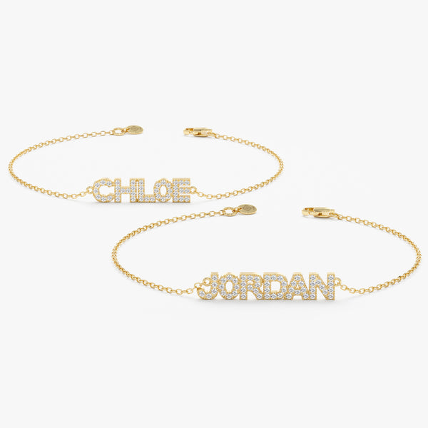 diamond block custom name bracelet in yellow gold