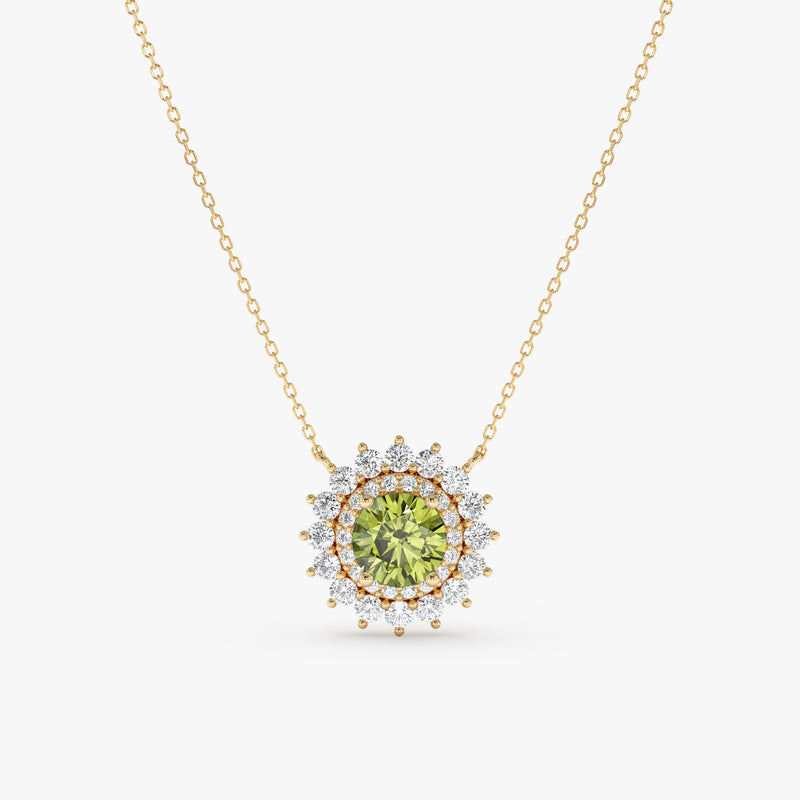 diamond and peridot halo necklace in yellow gold