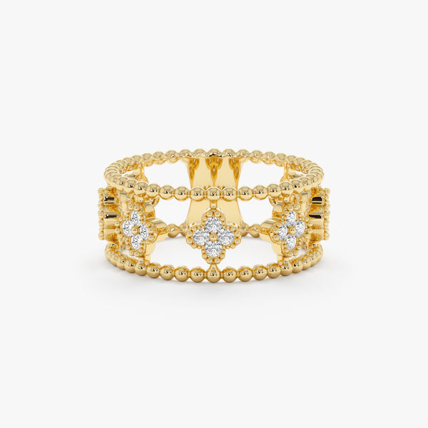 diamond clover two band ring in 14k solid yellow gold