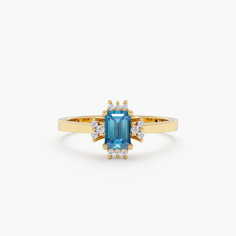 radiant cut blue zircon ring with surrounding white diamonds