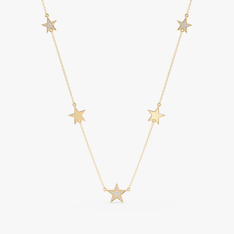 14k yellow gold diamond star station necklace