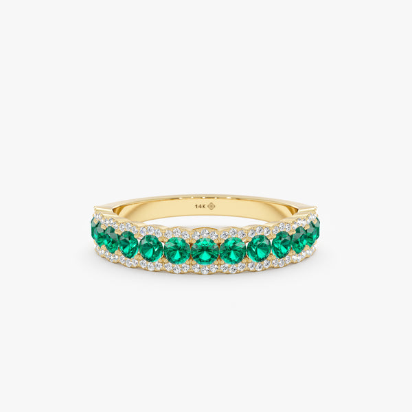 emerald and diamond half eternity band in yellow gold