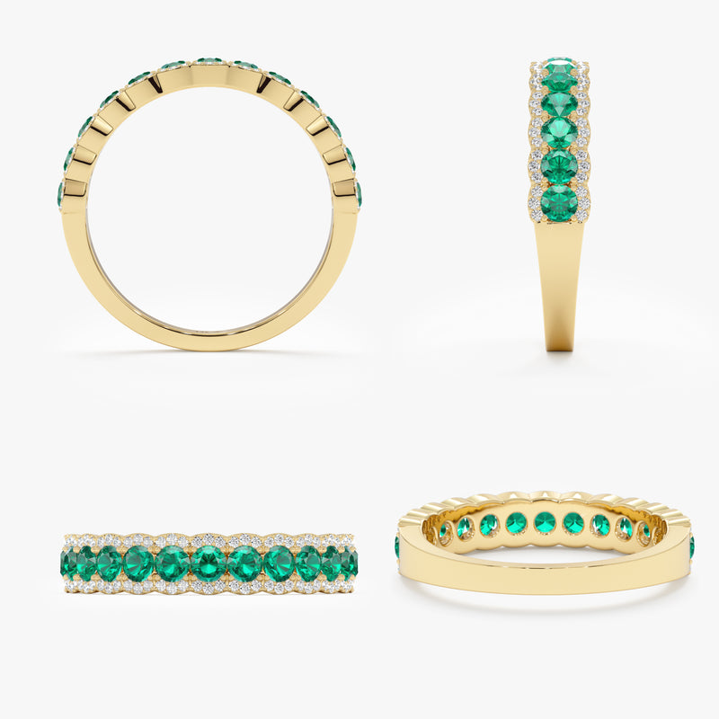 solid yellow gold ring with round emeralds and diamonds