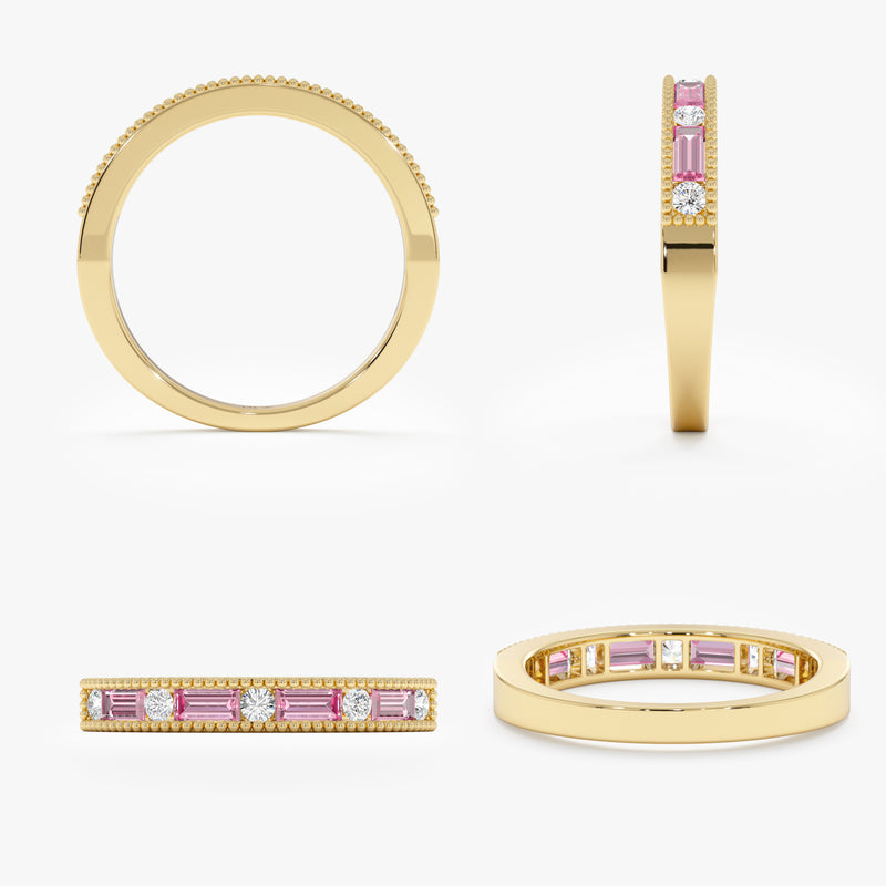 half eternity ring in solid gold with pink sapphires and diamonds