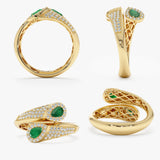 14k solid gold diamond paved ring with natural emeralds